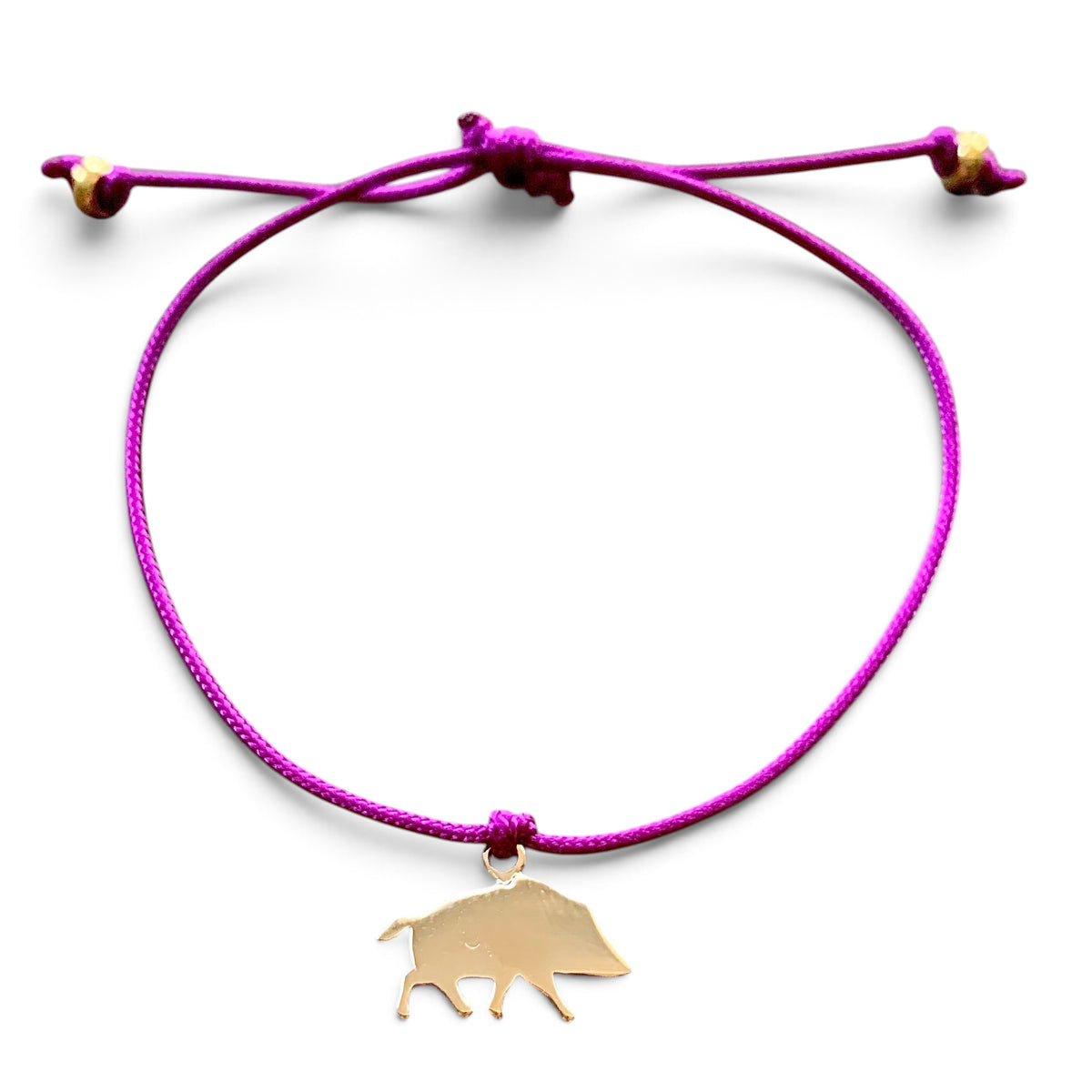 ANNA VON BERGMANN Armband Kleines Glück mit violettem Nylonband und goldplattiertem Wildschwein-Anhänger