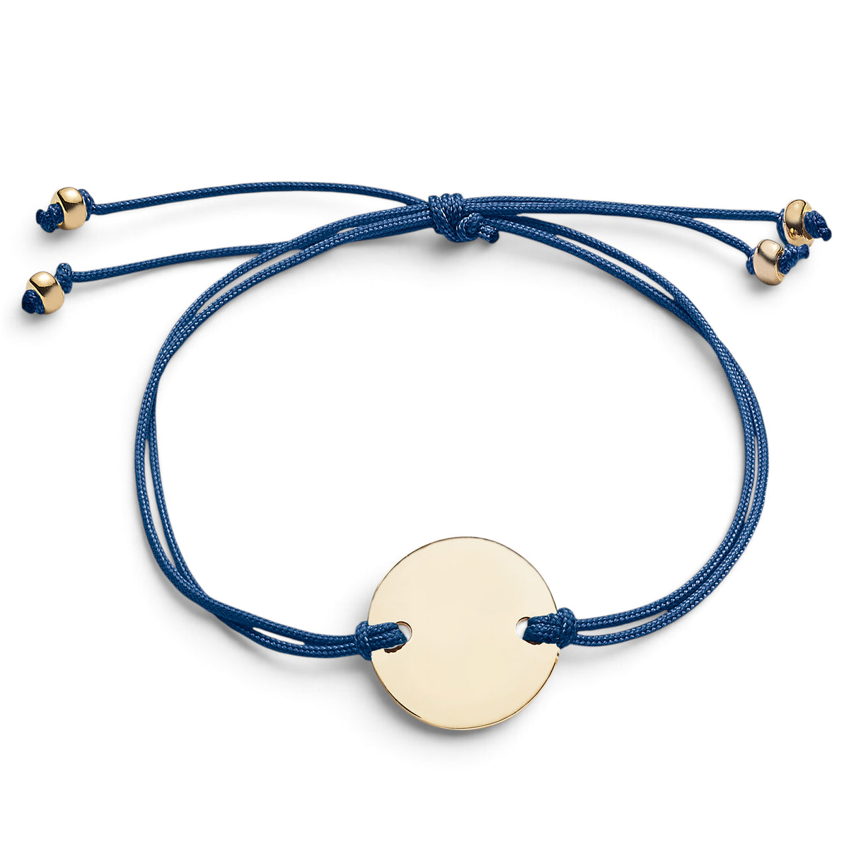 ANNA VON BERGMANN CORD Armband mit goldplattierter runder Plakette an einem blauen Nylonband