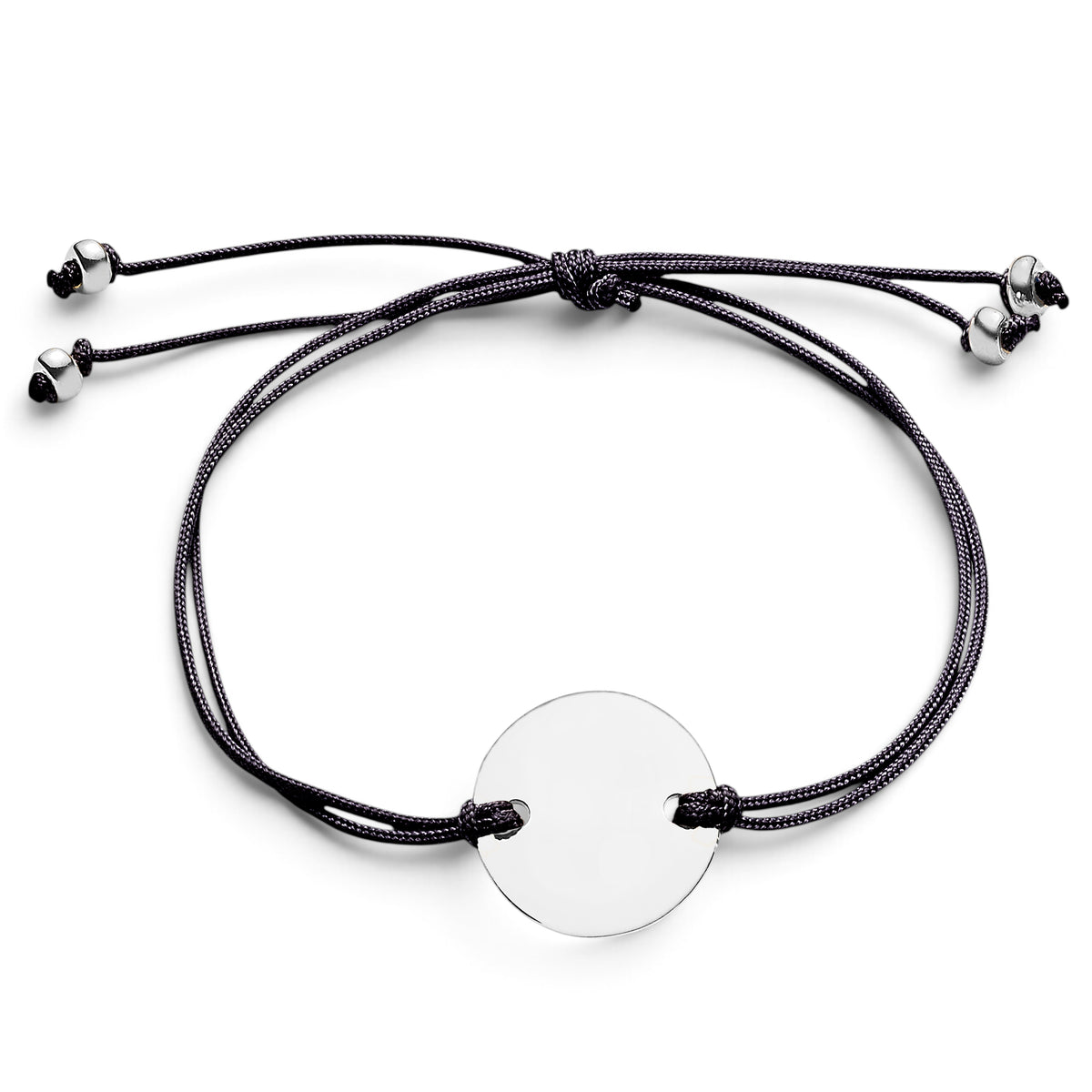 ANNA VON BERGMANN CORD Armband mit runder 15 mm Plakette aus Sterlingsilber an schwarzem Nylonband