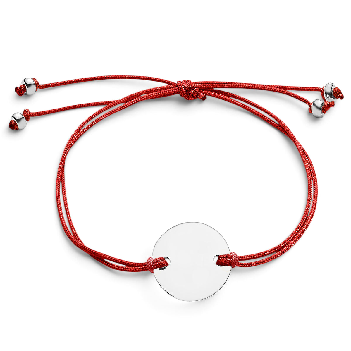 ANNA VON BERGMANN CORD Armband mit roter Nylonkordel und runder 15 mm Plakette aus Sterlingsilber