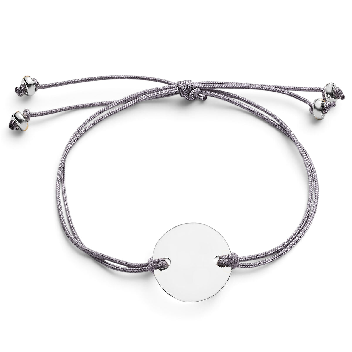ANNA VON BERGMANN CORD Armband mit runder 15 mm Plakette aus Sterlingsilber an einem grauen Nylonband