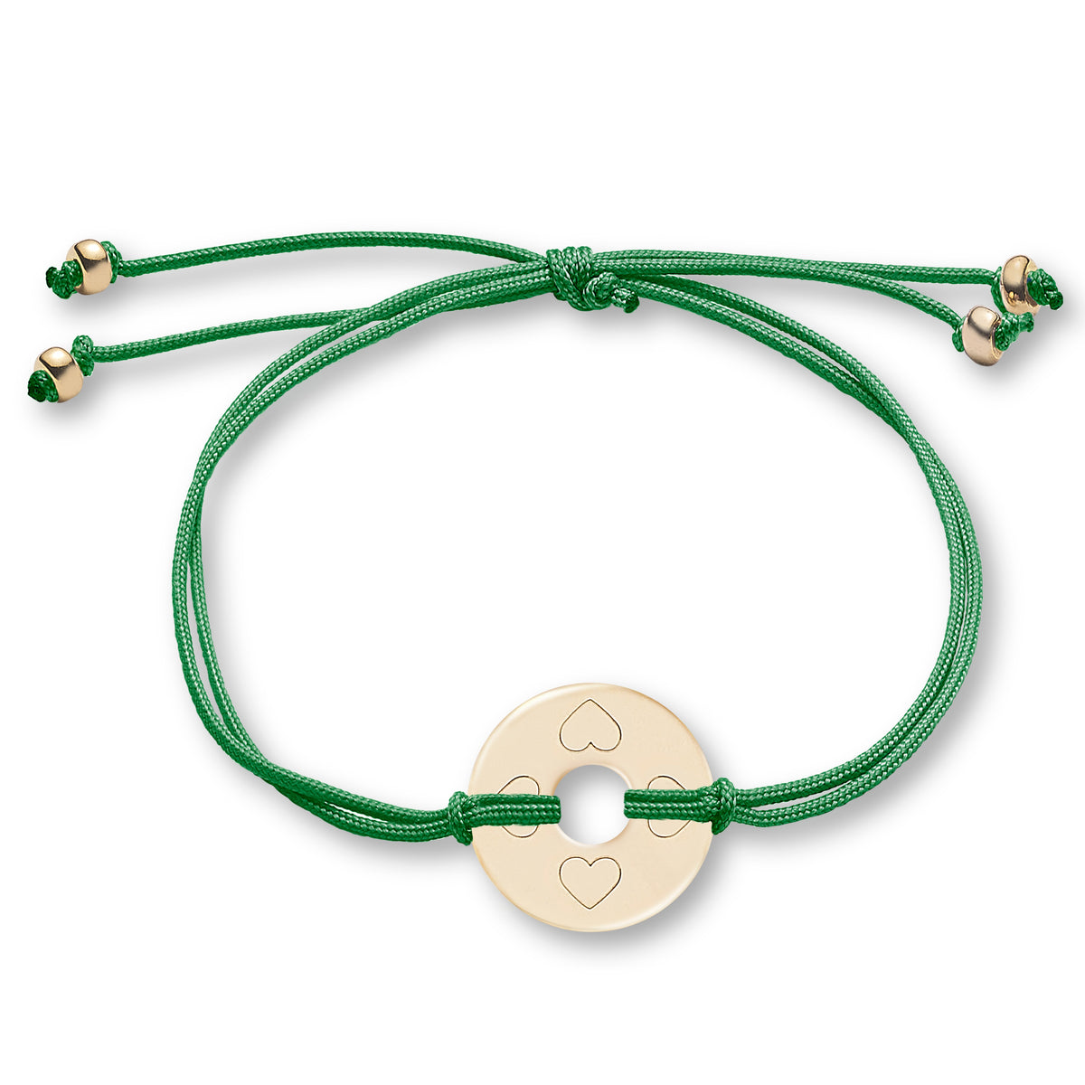 ANNA VON BERGMANN Armband DONUT SMALL mit Gravur, goldplattierte Plakette mit Herzgravur an grüner Nylonkordel