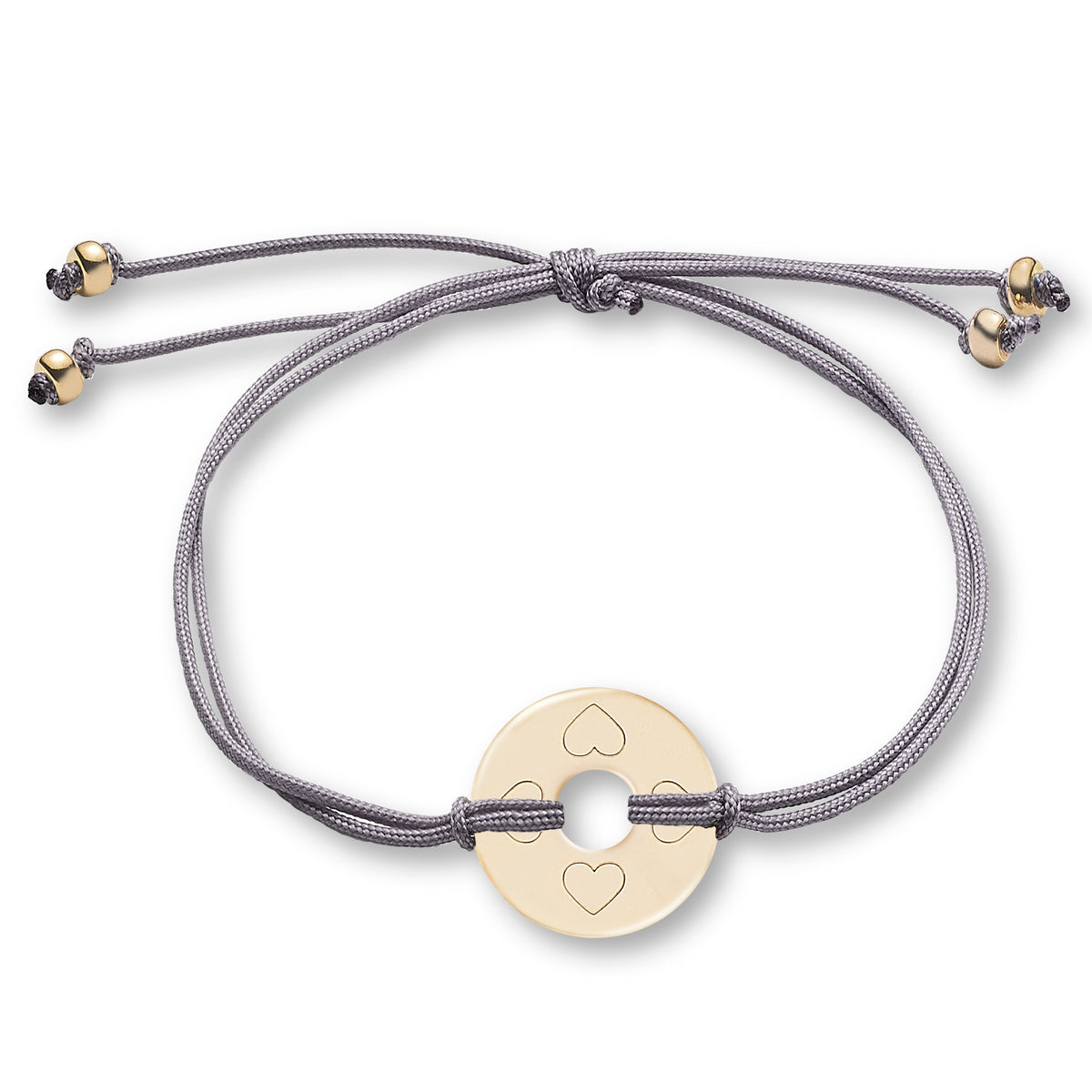 ANNA VON BERGMANN Armband DONUT SMALL mit Gravur, goldplattierte Plakette mit Herzsymbolen an grauer Nylonkordel