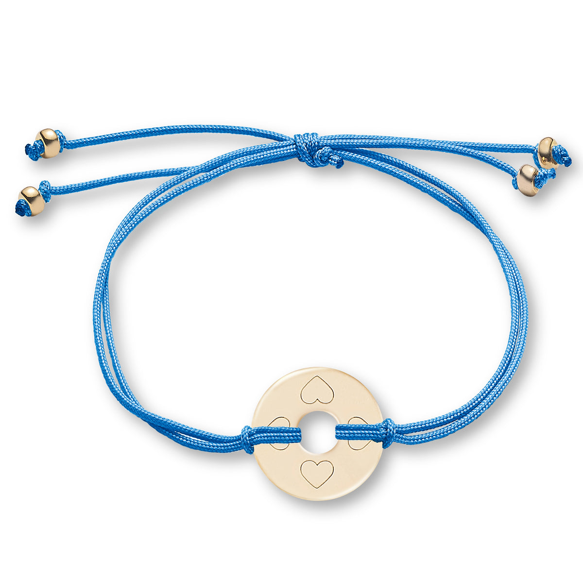 ANNA VON BERGMANN Armband DONUT SMALL mit Gravur, goldplattierte Plakette mit Herzsymbolen an blauer Nylonkordel