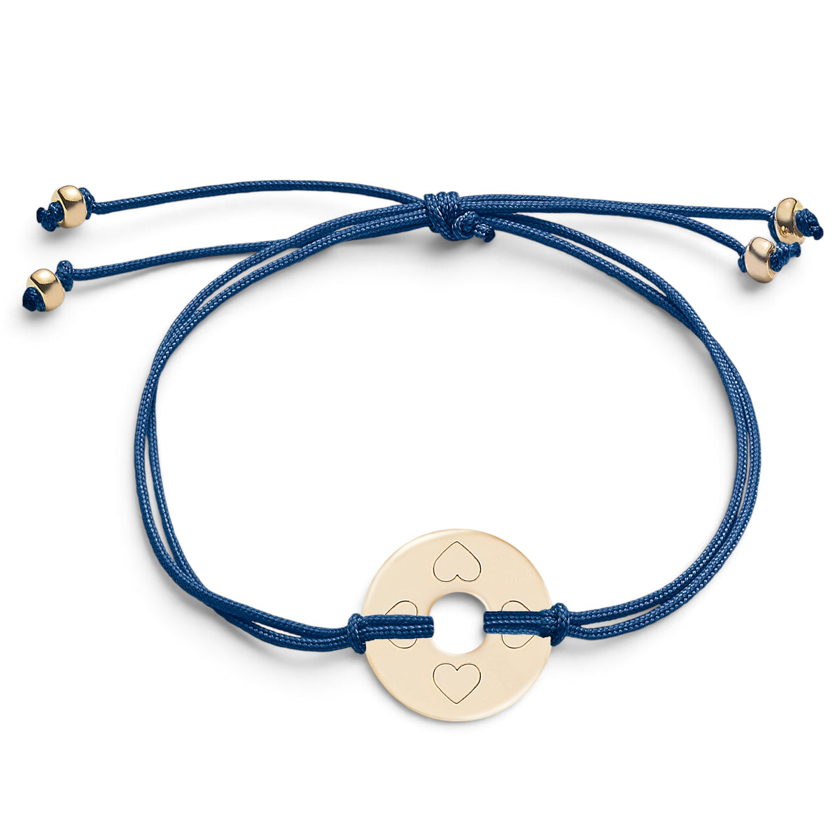 ANNA VON BERGMANN Armband DONUT SMALL mit Gravur, goldplattierte Plakette mit Herzgravur an marineblauer Nylonkordel