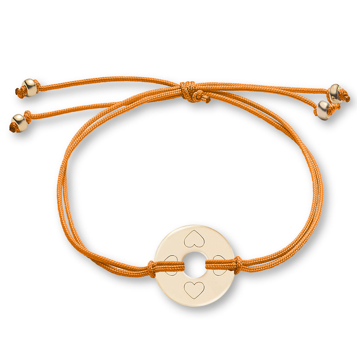 ANNA VON BERGMANN Armband DONUT SMALL mit Gravur, goldplattierte Plakette mit Herzsymbolen an orangefarbener Nylonkordel