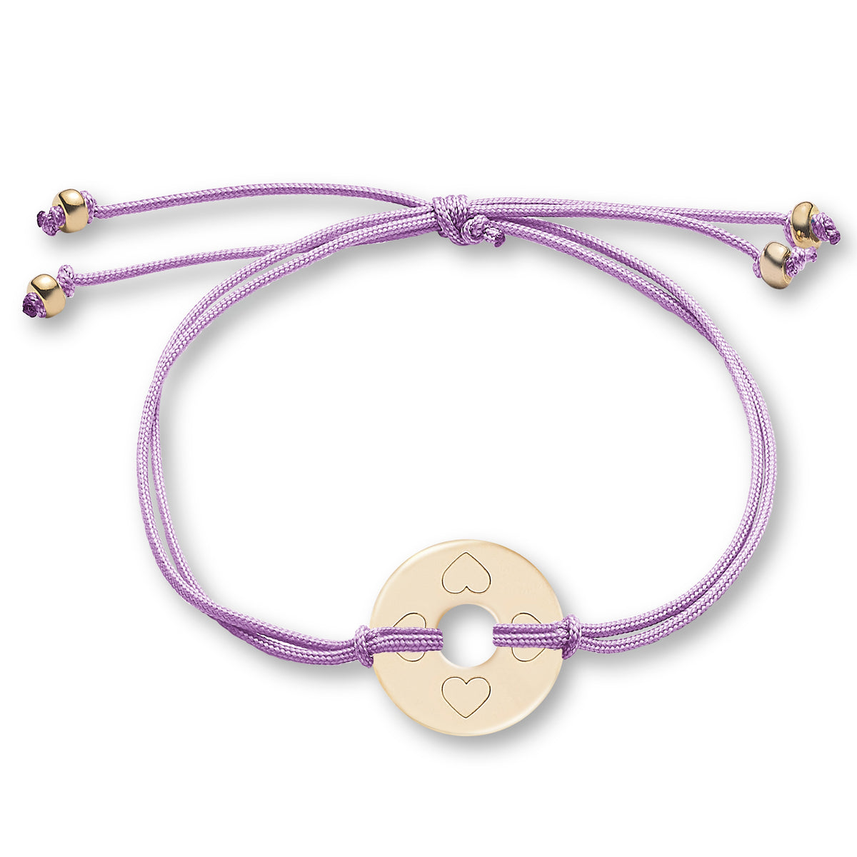 ANNA VON BERGMANN Armband DONUT SMALL mit Gravur, goldplattierte Plakette mit Herzsymbolen an fliederfarbener Nylonkordel