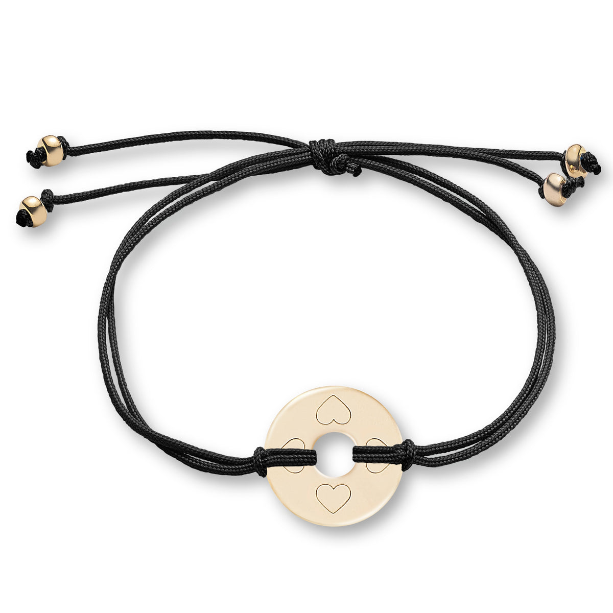 ANNA VON BERGMANN Armband DONUT SMALL mit Gravur, goldplattierte Plakette mit Herzsymbolen an schwarzer Nylonkordel