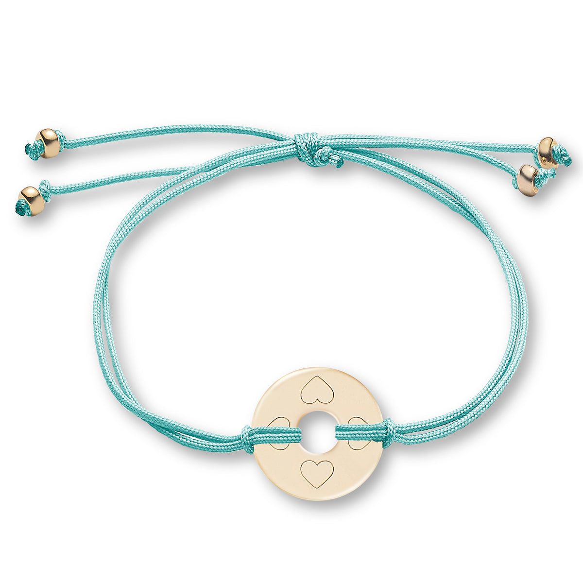 ANNA VON BERGMANN Armband DONUT SMALL mit Gravur, goldplattierte Plakette mit Herzgravur an türkisfarbener Nylonkordel