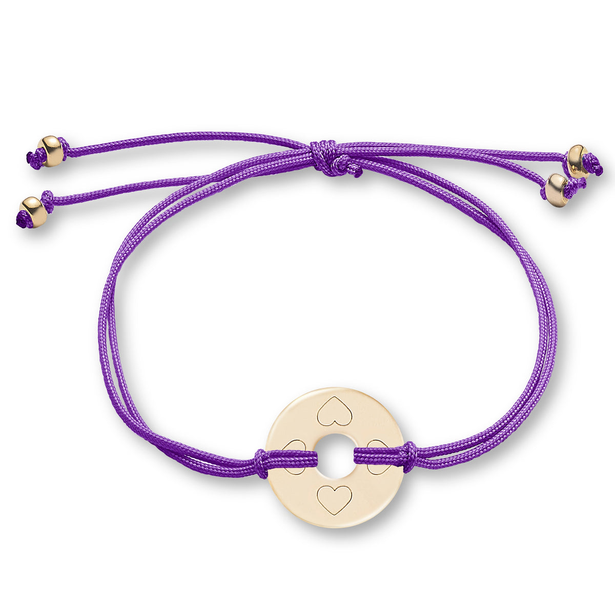 ANNA VON BERGMANN Armband DONUT SMALL mit Gravur, goldplattierte Plakette mit Herzmotiven an violetter Nylonkordel