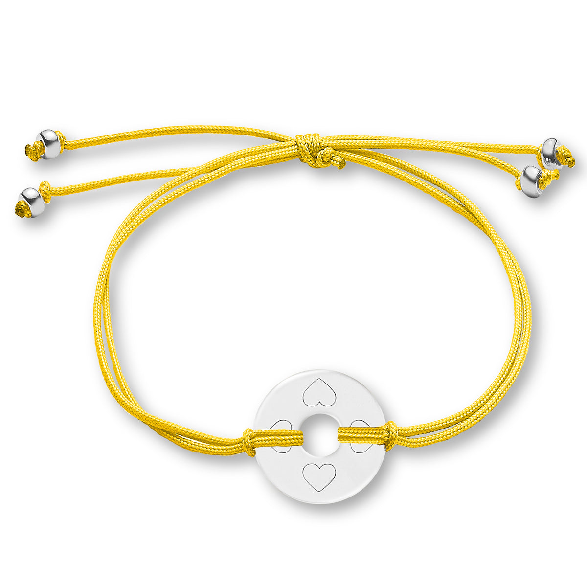 ANNA VON BERGMANN Armband DONUT SMALL mit Gravur, silberfarbene Plakette mit Herzsymbolen an gelber Nylonkordel