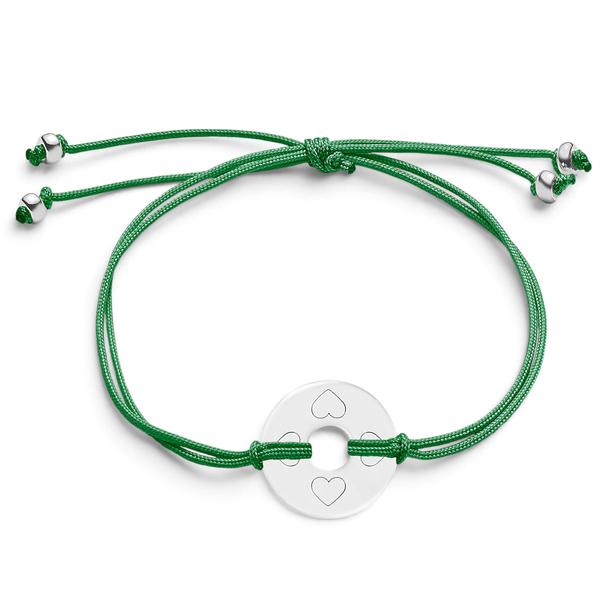 ANNA VON BERGMANN Armband DONUT SMALL mit Gravur, silberfarbene Plakette mit Herzsymbolen an grüner Nylonkordel