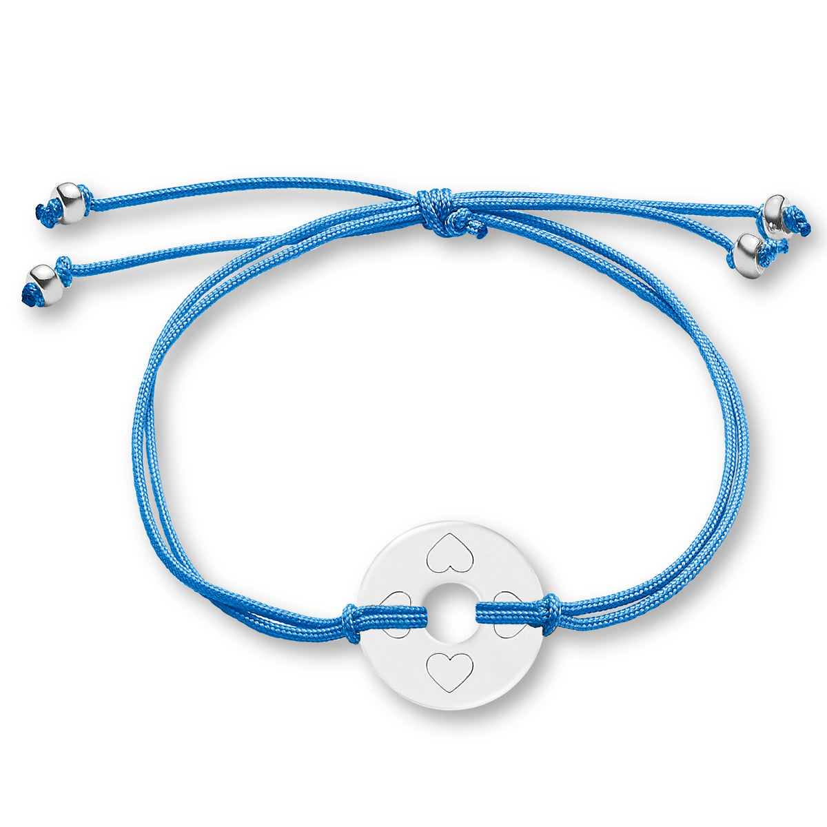 ANNA VON BERGMANN Armband DONUT SMALL mit Gravur, silberfarbene Plakette mit Herzgravur an hellblauer Nylonkordel