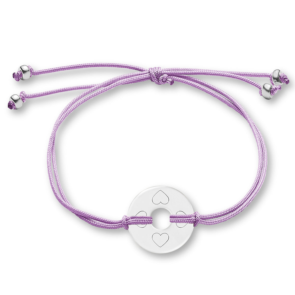 ANNA VON BERGMANN Armband DONUT SMALL mit Gravur, silberfarbene Plakette mit Herzmotiven an fliederfarbener Nylonkordel