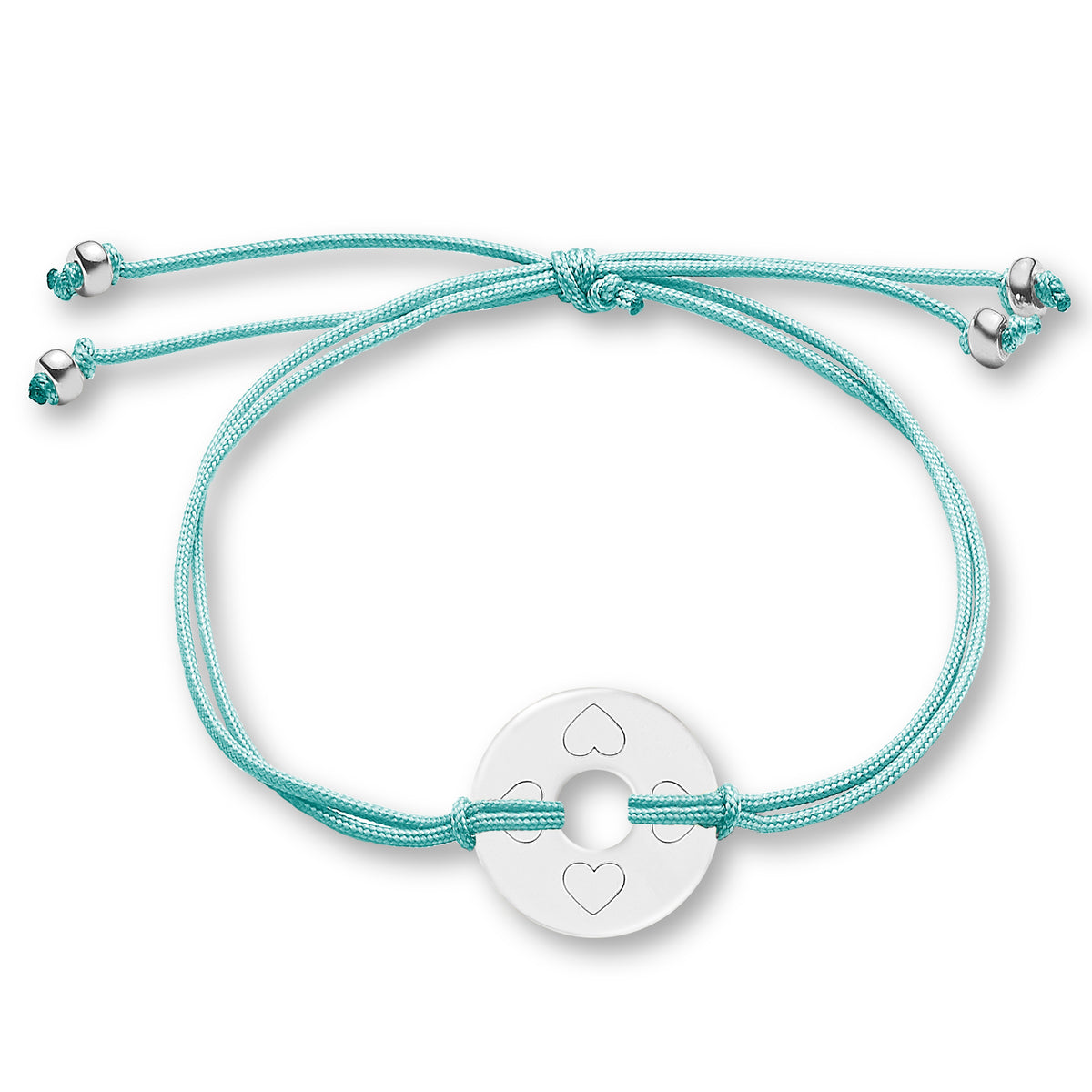 ANNA VON BERGMANN Armband DONUT SMALL mit Gravur, silberfarbene Plakette mit Herzsymbolen an türkisfarbener Nylonkordel