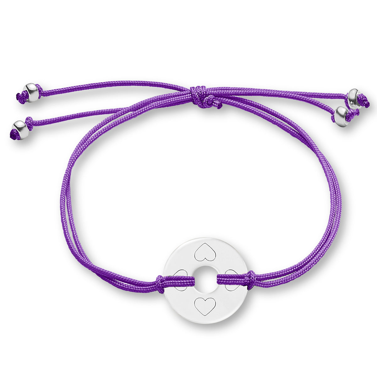 ANNA VON BERGMANN Armband DONUT SMALL mit Gravur, silberfarbene Plakette mit Herzsymbolen an violetter Nylonkordel