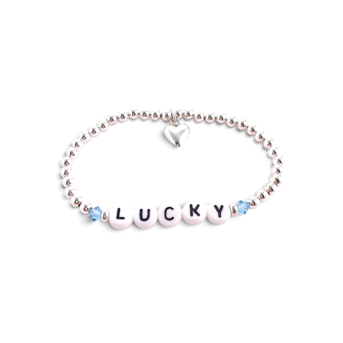 ANNA VON BERGMANN PUSCHEL Armband aus Sterlingsilber mit Buchstabenperlen, Swarovski-Kristallen und Herzanhänger