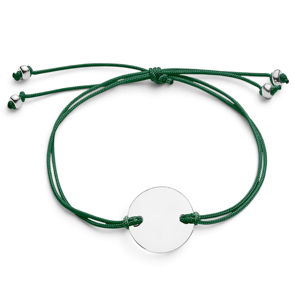 ANNA VON BERGMANN Armband mit runder 15 mm Sterlingsilber-Plakette an einem grünen Nylonband