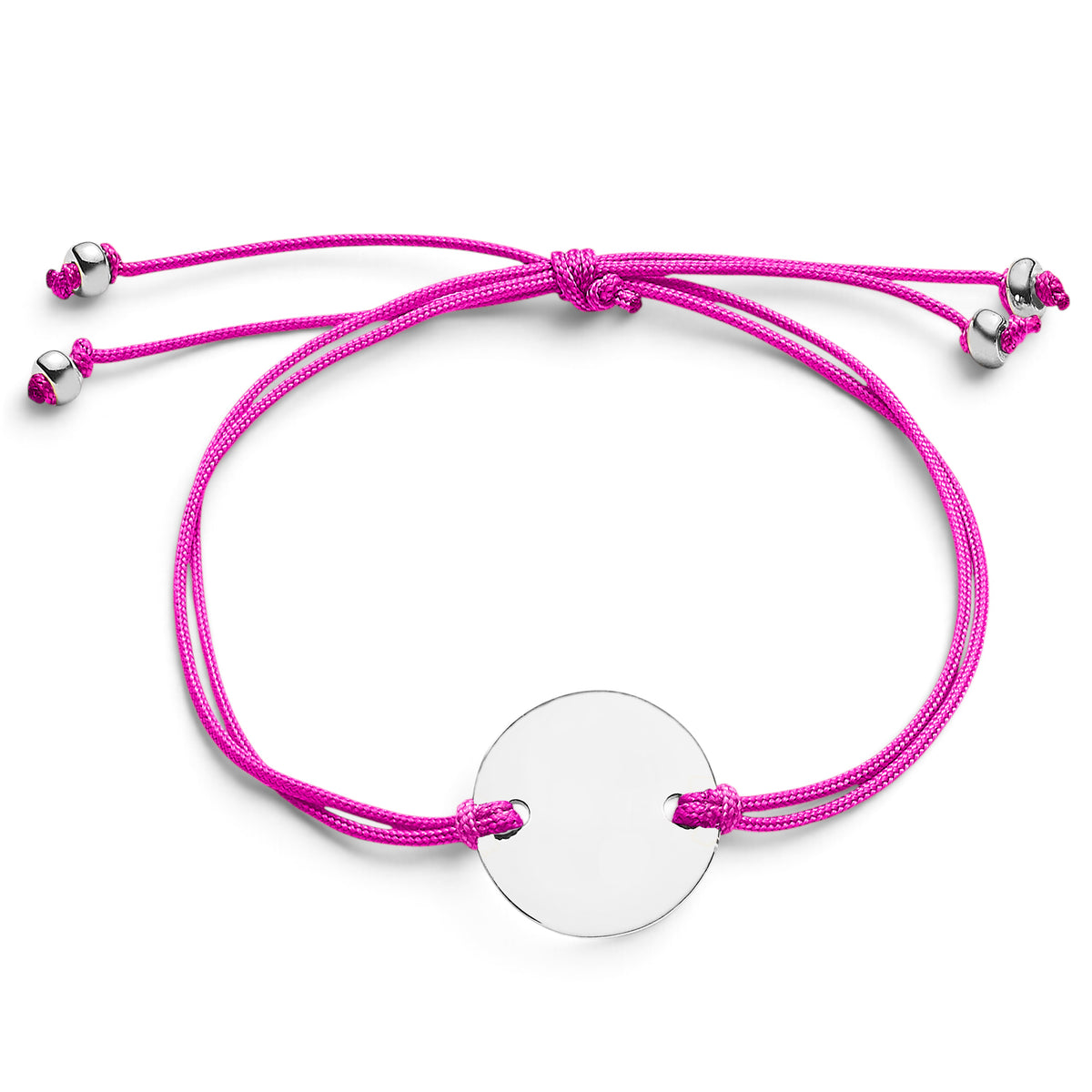 ANNA VON BERGMANN Armband mit runder silberner Plakette an einem leuchtend pinken Nylonband