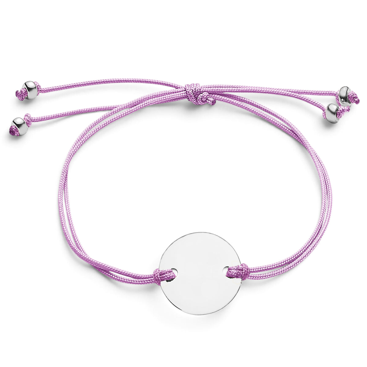 ANNA VON BERGMANN Armband mit runder 15 mm Sterlingsilber-Plakette an einem lila Nylonband