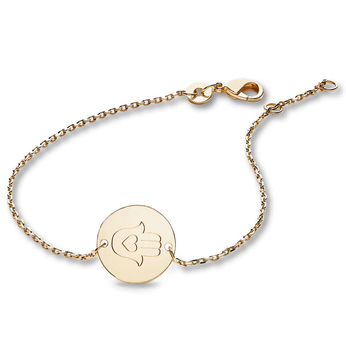 ANNA VON BERGMANN Armband DAISY mit Gravur aus 18 kt goldplattiertem Messing, runde Plakette mit Hamsa-Symbol