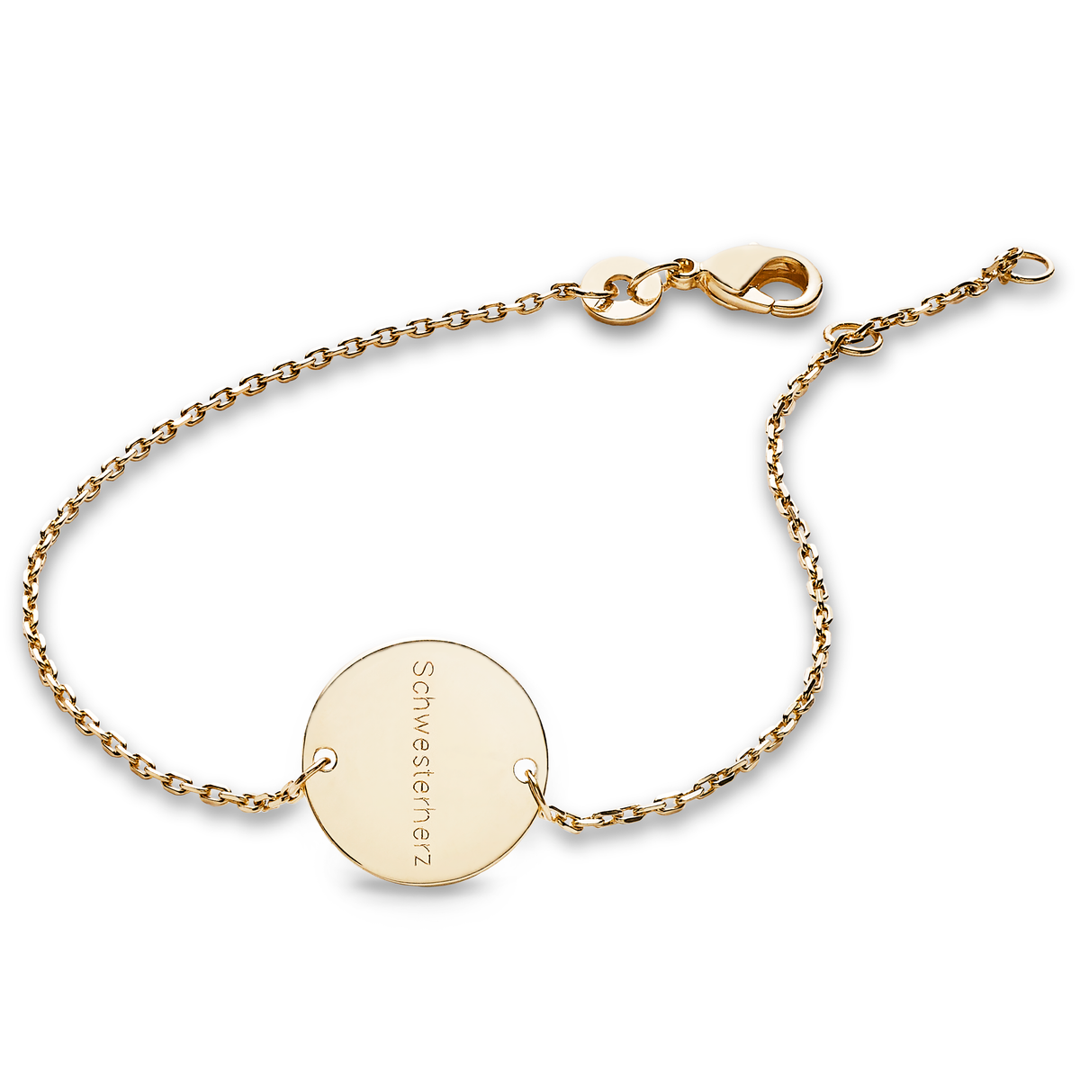ANNA VON BERGMANN Armband DAISY mit Gravur aus goldplattiertem Messing, Gliederarmband mit Textgravur auf runder Plakette