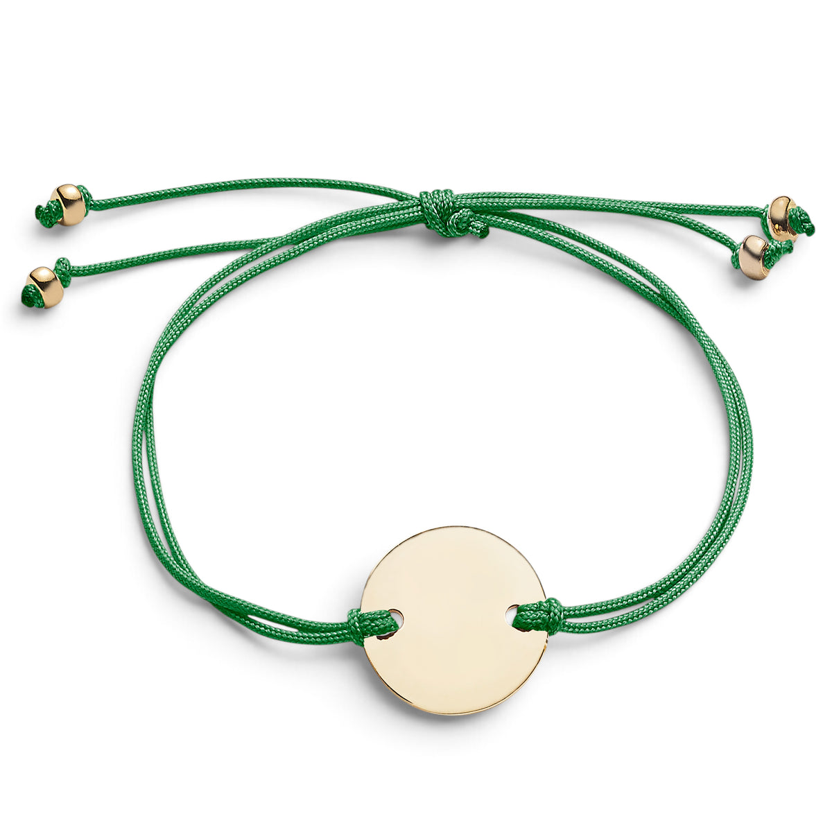 ANNA VON BERGMANN Armband mit runder goldplattierter Plakette an einem grünen Nylonband