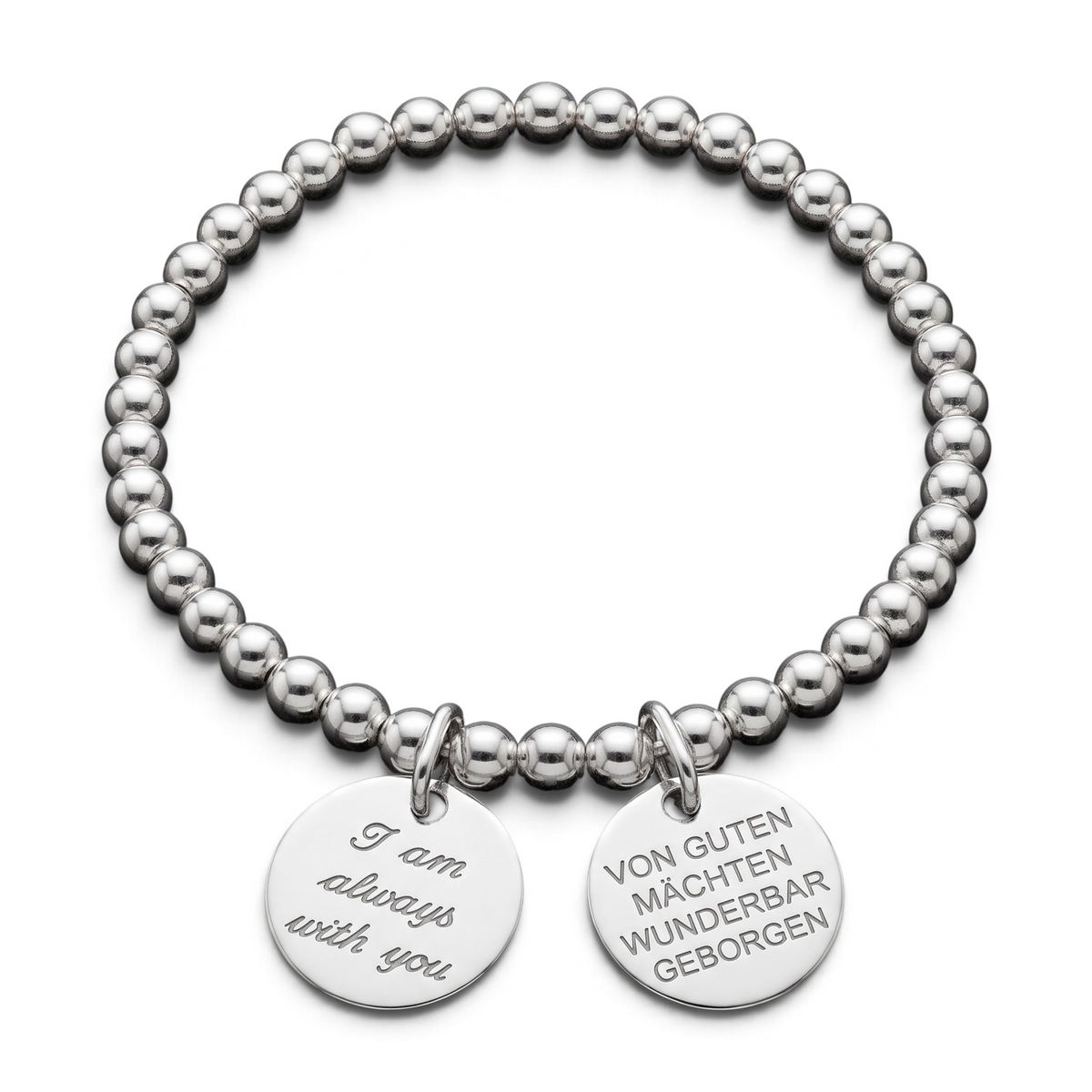 ANNA VON BERGMANN Armband aus Sterlingsilber mit zwei gravierten runden Anhängern und Perlenkette