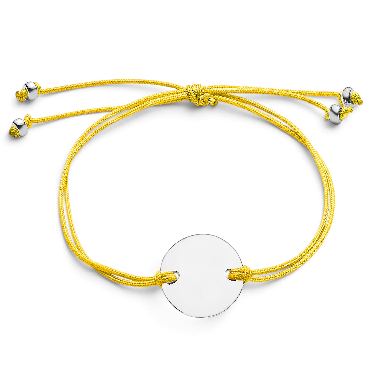 ANNA VON BERGMANN CORD Armband mit gelber Nylonkordel und runder 15 mm Plakette aus glänzendem Sterlingsilber