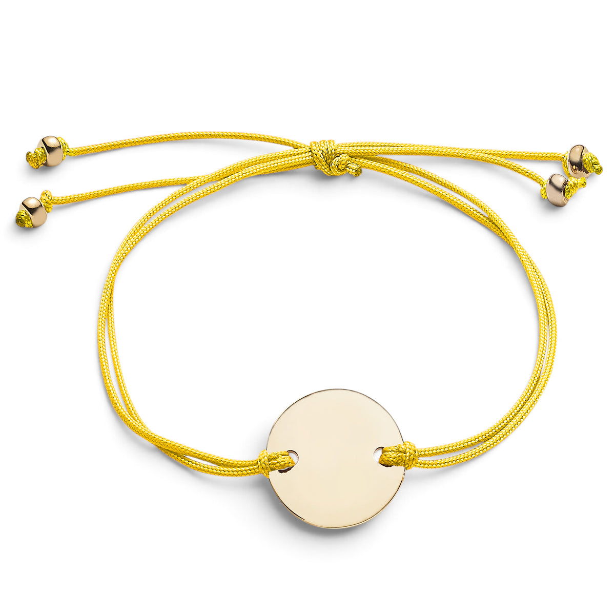 ANNA VON BERGMANN CORD Armband mit runder goldplattierter Plakette an einem leuchtend gelben Nylonband