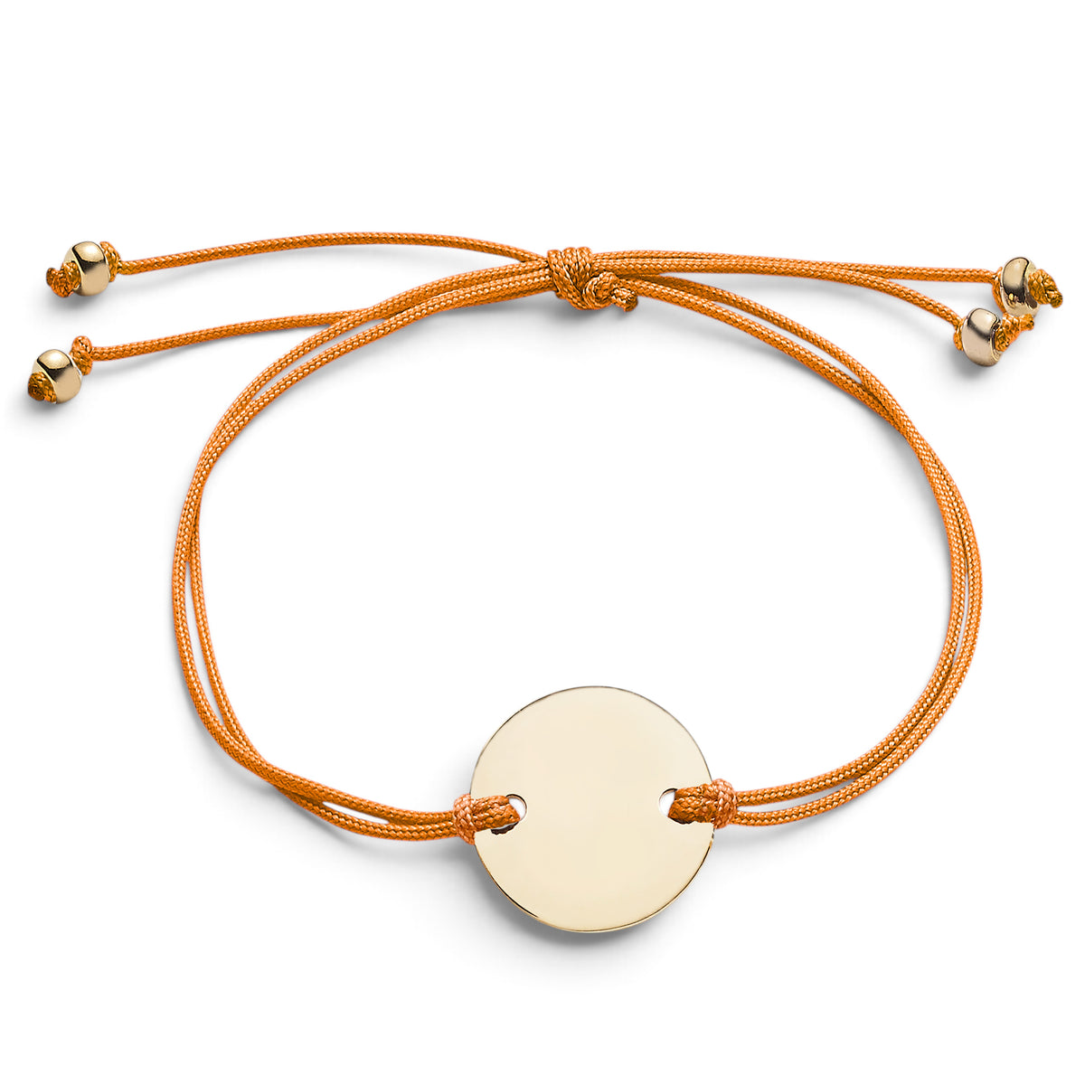 ANNA VON BERGMANN CORD Armband mit goldplattierter runder Plakette an einem orangefarbenen Nylonband