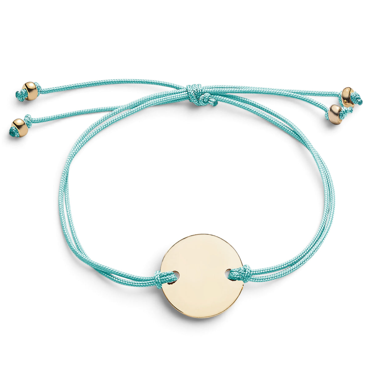 ANNA VON BERGMANN CORD Armband mit runder goldplattierter Plakette an einem türkisfarbenen Nylonband