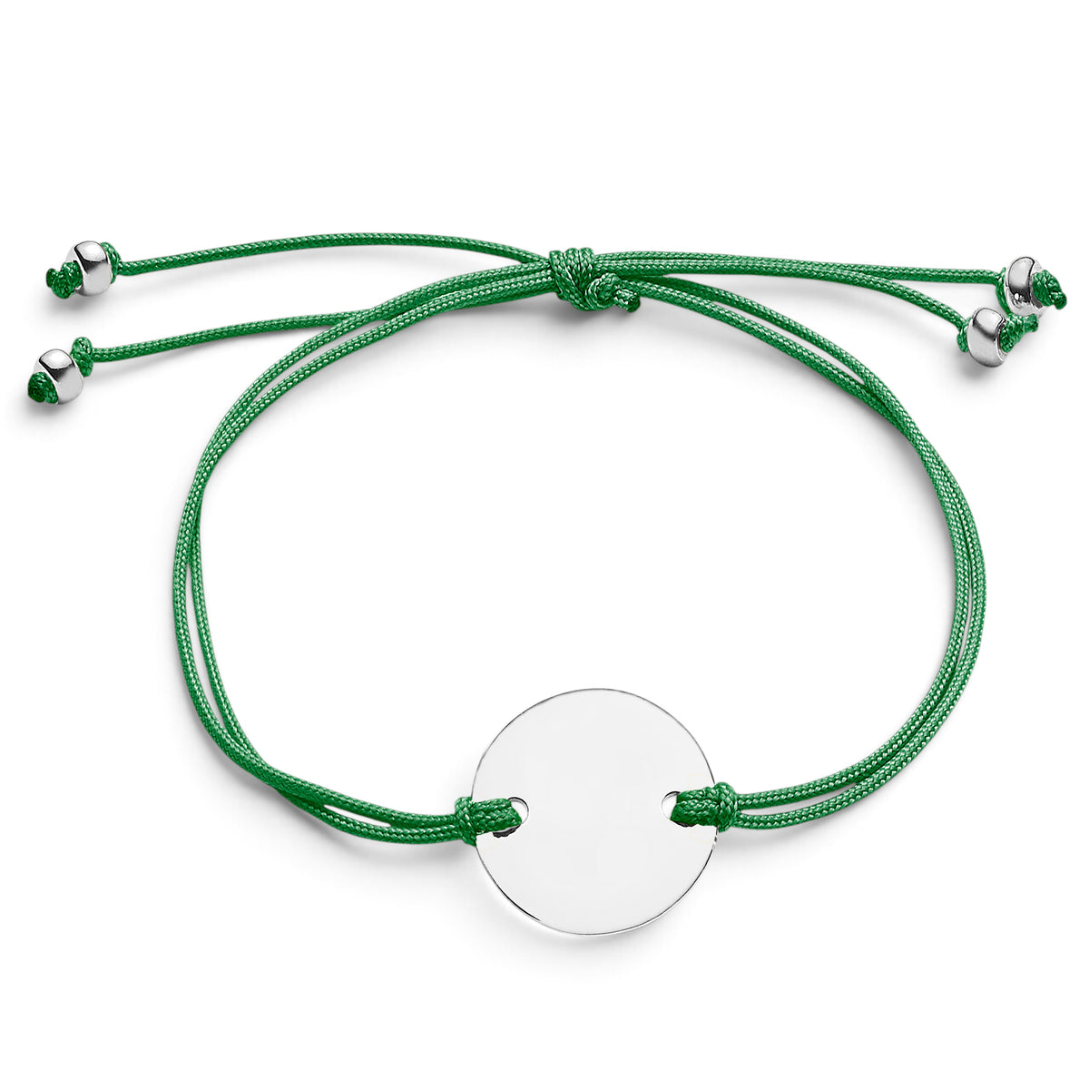 ANNA VON BERGMANN CORD Armband mit grüner Nylonkordel und runder 15 mm Plakette aus Sterlingsilber