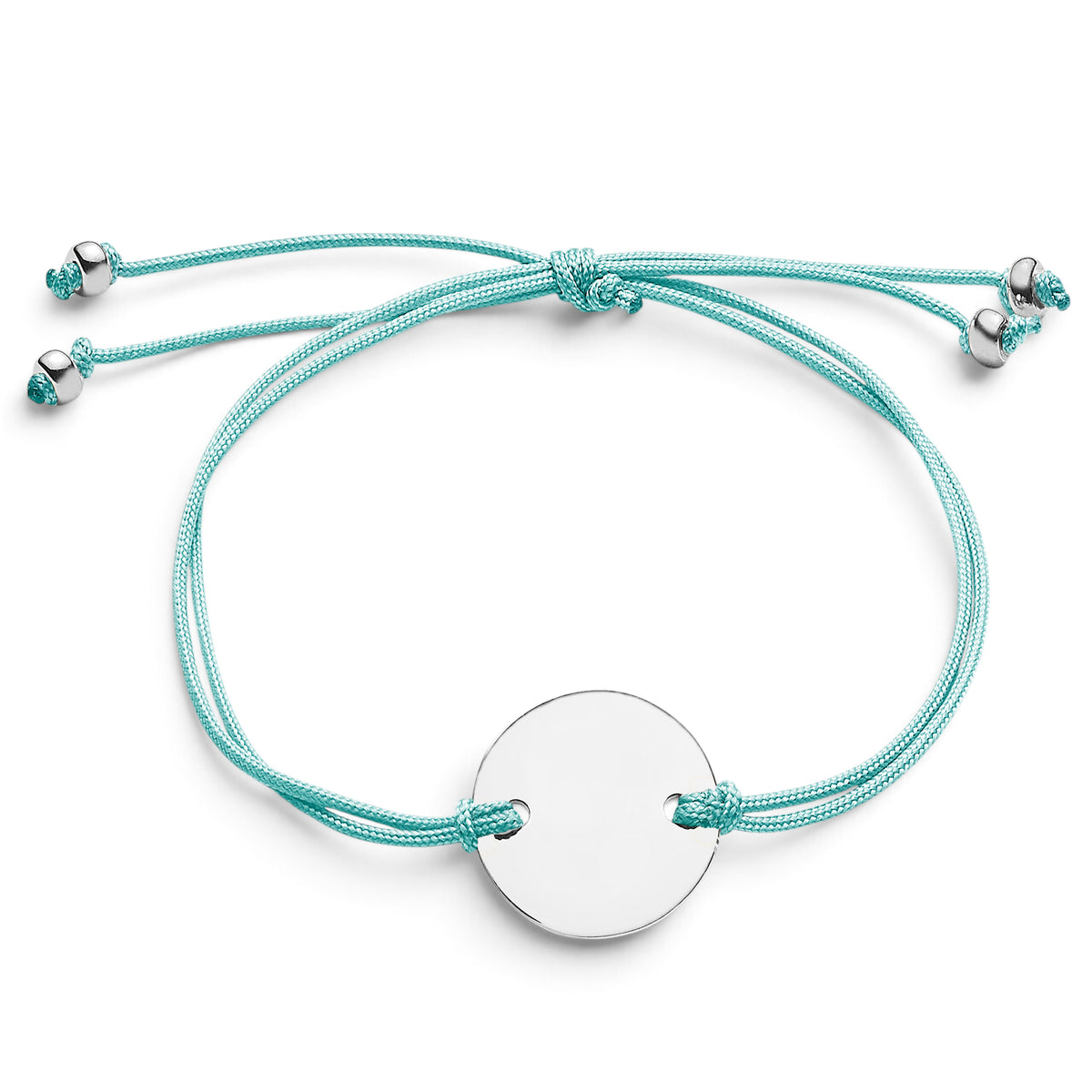 ANNA VON BERGMANN CORD Armband mit runder 15 mm Sterlingsilber-Plakette an einem hellblauen Nylonband