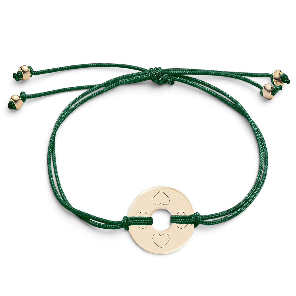 ANNA VON BERGMANN Armband DONUT SMALL mit Gravur, goldplattierte Plakette mit Herzsymbolen an dunkelgrüner Nylonkordel