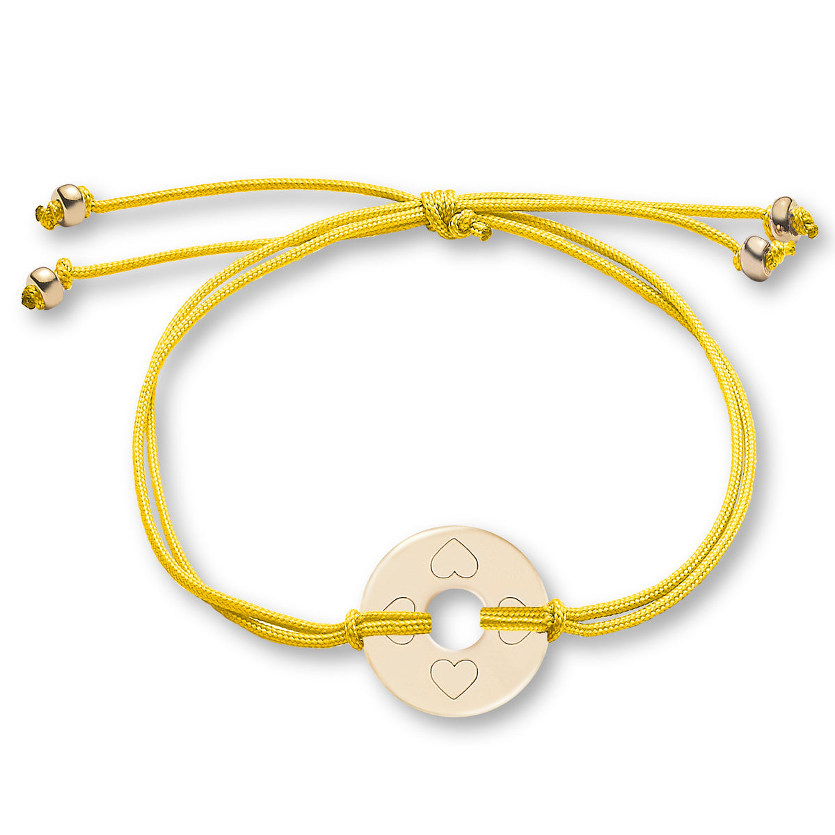 ANNA VON BERGMANN Armband DONUT SMALL mit Gravur, goldplattierte Plakette mit Herzmotiven an gelber Nylonkordel