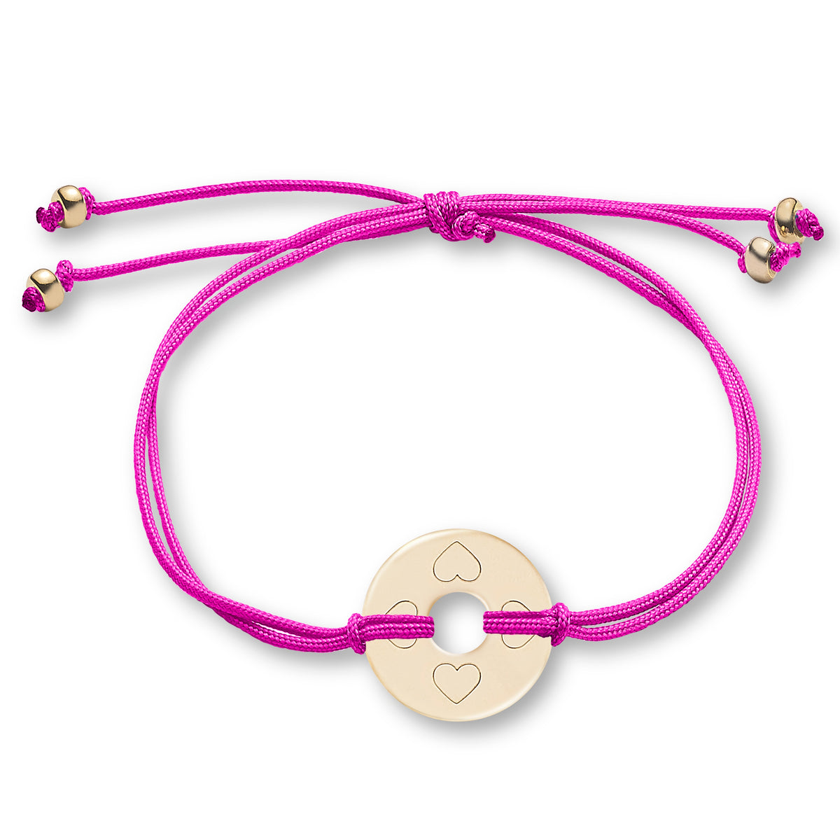 ANNA VON BERGMANN Armband DONUT SMALL mit Gravur, goldplattierte Plakette mit Herzgravur an pinker Nylonkordel