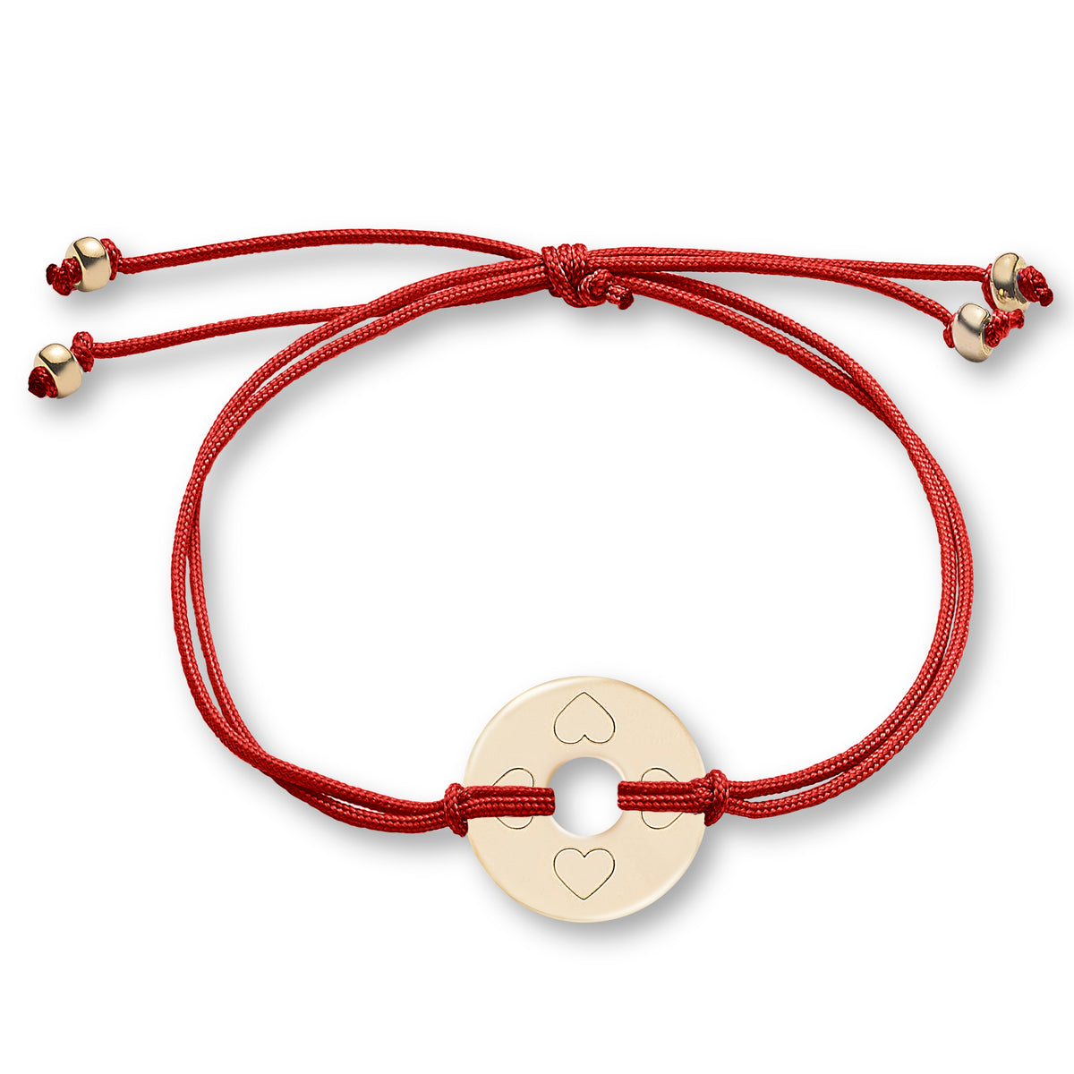 ANNA VON BERGMANN Armband DONUT SMALL mit Gravur, goldplattierte Plakette mit Herzmotiven an roter Nylonkordel