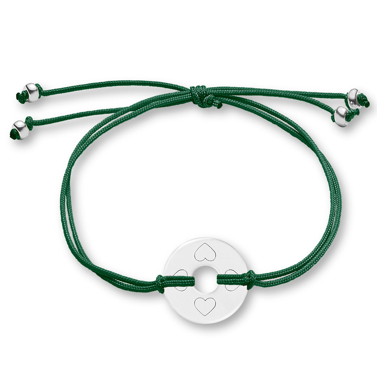 ANNA VON BERGMANN Armband DONUT SMALL mit Gravur, silberfarbene Plakette mit Herzsymbolen an dunkelgrüner Nylonkordel