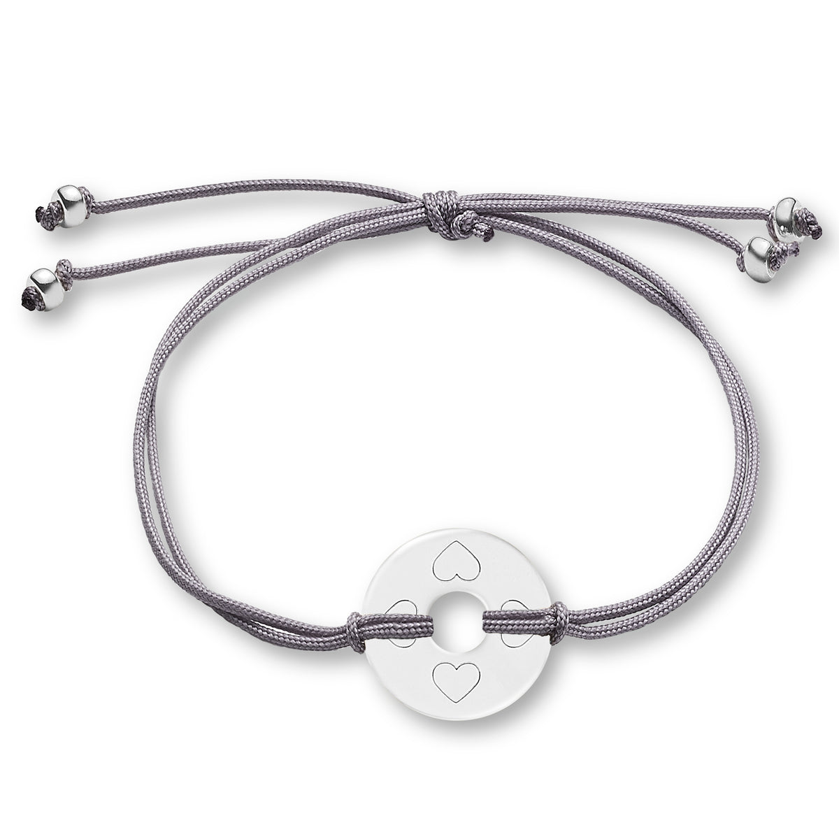 ANNA VON BERGMANN Armband DONUT SMALL mit Gravur, silberfarbene Plakette mit Herzmotiven an grauer Nylonkordel