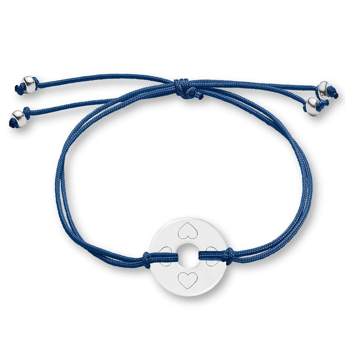 ANNA VON BERGMANN Armband DONUT SMALL mit Gravur, silberfarbene Plakette mit Herzgravur an marineblauer Nylonkordel