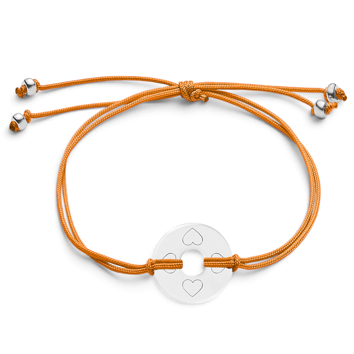 ANNA VON BERGMANN Armband DONUT SMALL mit Gravur, silberfarbene Plakette mit Herzmotiven an orangefarbener Nylonkordel