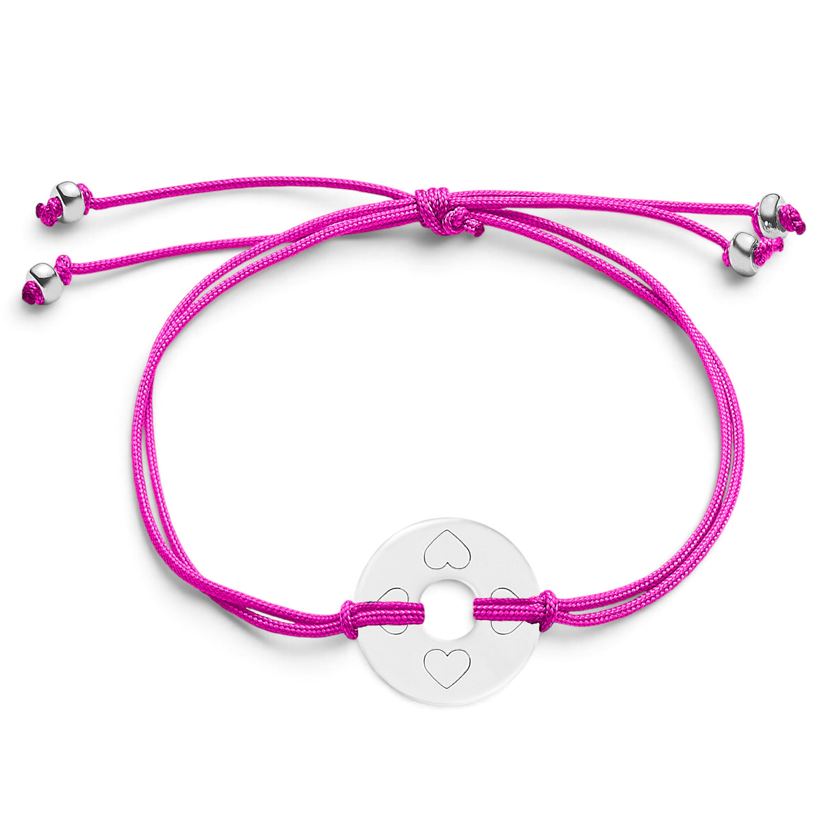 ANNA VON BERGMANN Armband DONUT SMALL mit Gravur, silberfarbene Plakette mit Herzsymbolen an pinker Nylonkordel