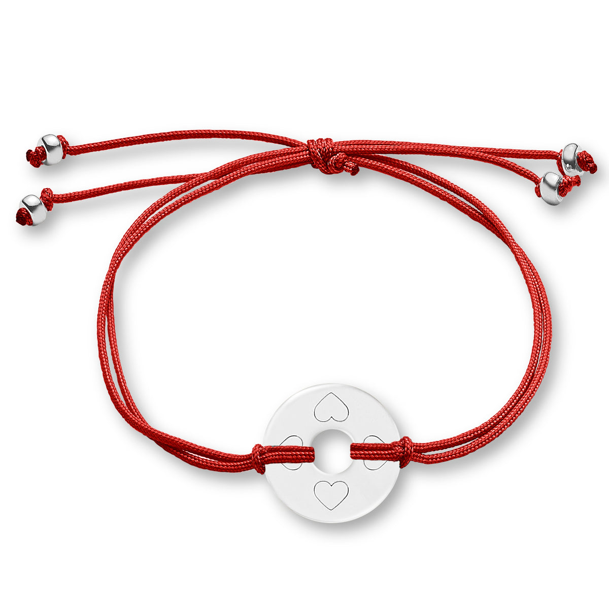 ANNA VON BERGMANN Armband DONUT SMALL mit Gravur, silberfarbene Plakette mit Herzsymbolen an roter Nylonkordel