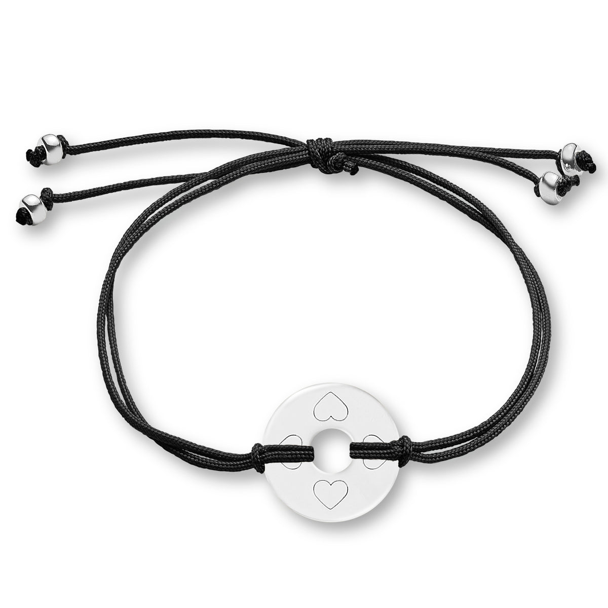 ANNA VON BERGMANN Armband DONUT SMALL mit Gravur, silberfarbene Plakette mit Herzgravur an schwarzer Nylonkordel