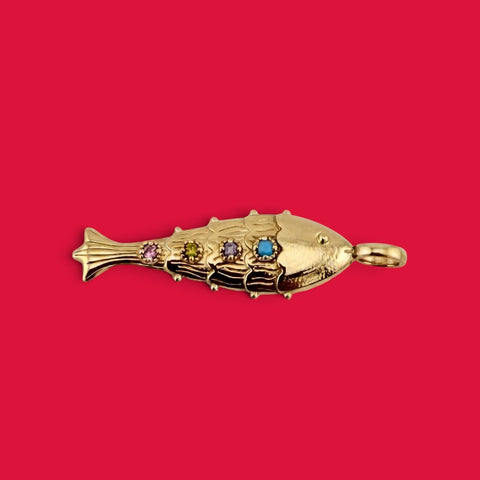 ANNA VON BERGMANN LADY FISH Anhänger aus goldplattiertem Messing mit bunten Zirkonia-Steinen in Fischform