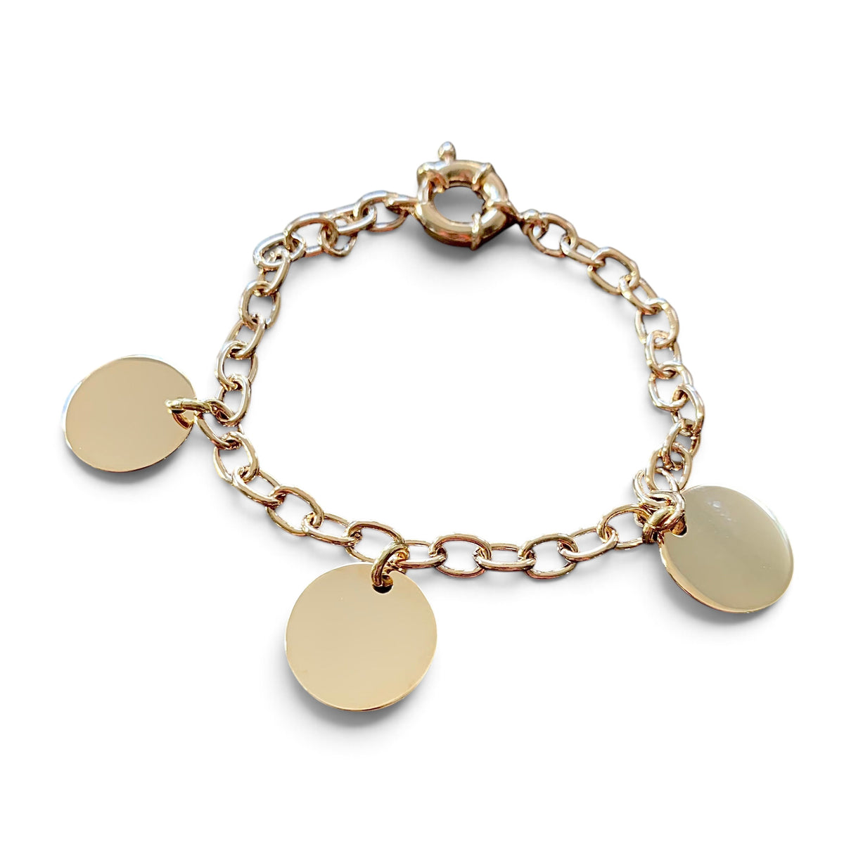 ANNA VON BERGMANN Armband mit drei runden Gravur-Anhängern aus goldplattiertem Messing mit ovalen Gliedern