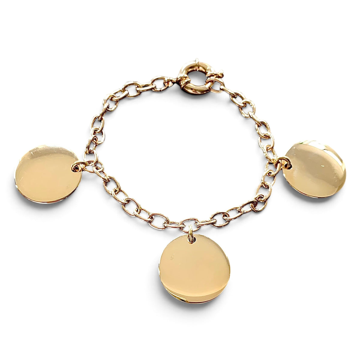 ANNA VON BERGMANN Armband mit drei runden Gravur-Anhängern aus goldplattiertem Messing mit ovalen Kettengliedern