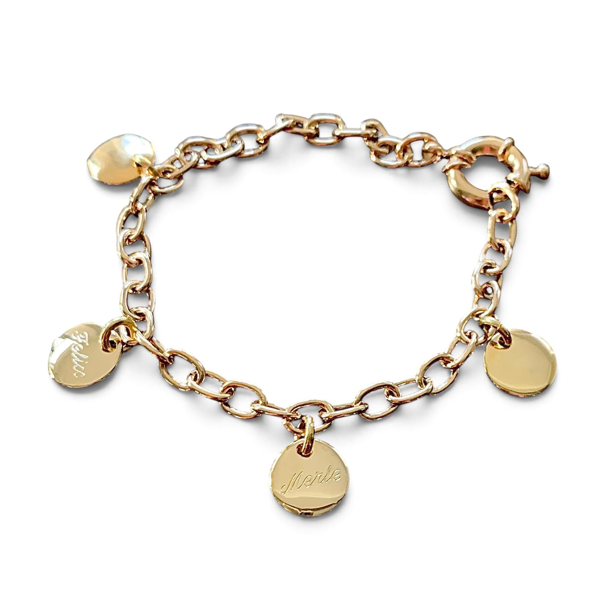 ANNA VON BERGMANN Armband mit ovalen Gliedern aus goldplattiertem Messing mit gravierten runden Anhängern