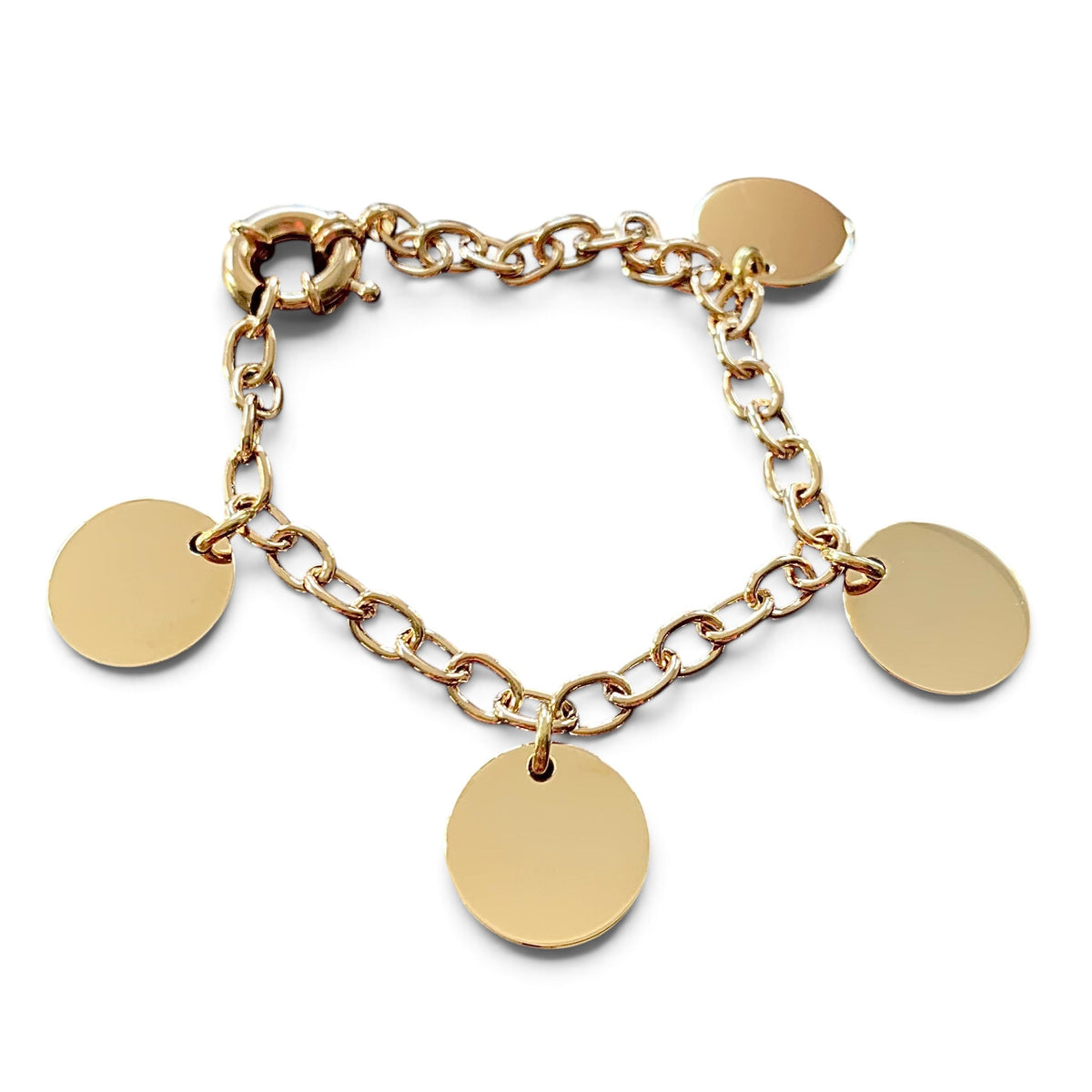 ANNA VON BERGMANN Armband mit Gravur aus goldplattiertem Messing mit runden Anhängern und ovalen Kettengliedern